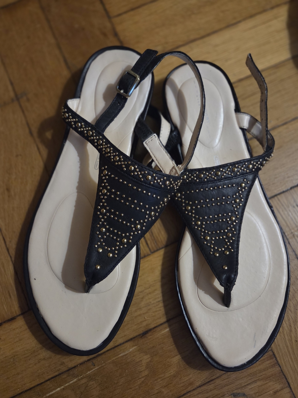 Rockport Black Studded T-Strap Sandals with Cream Footbed